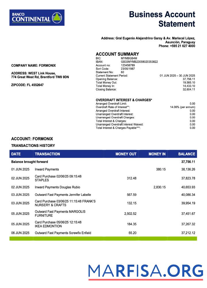 Blank Paraguayan Banco Continental S.A.E.C.A. bank firm account statement Word and PDF template